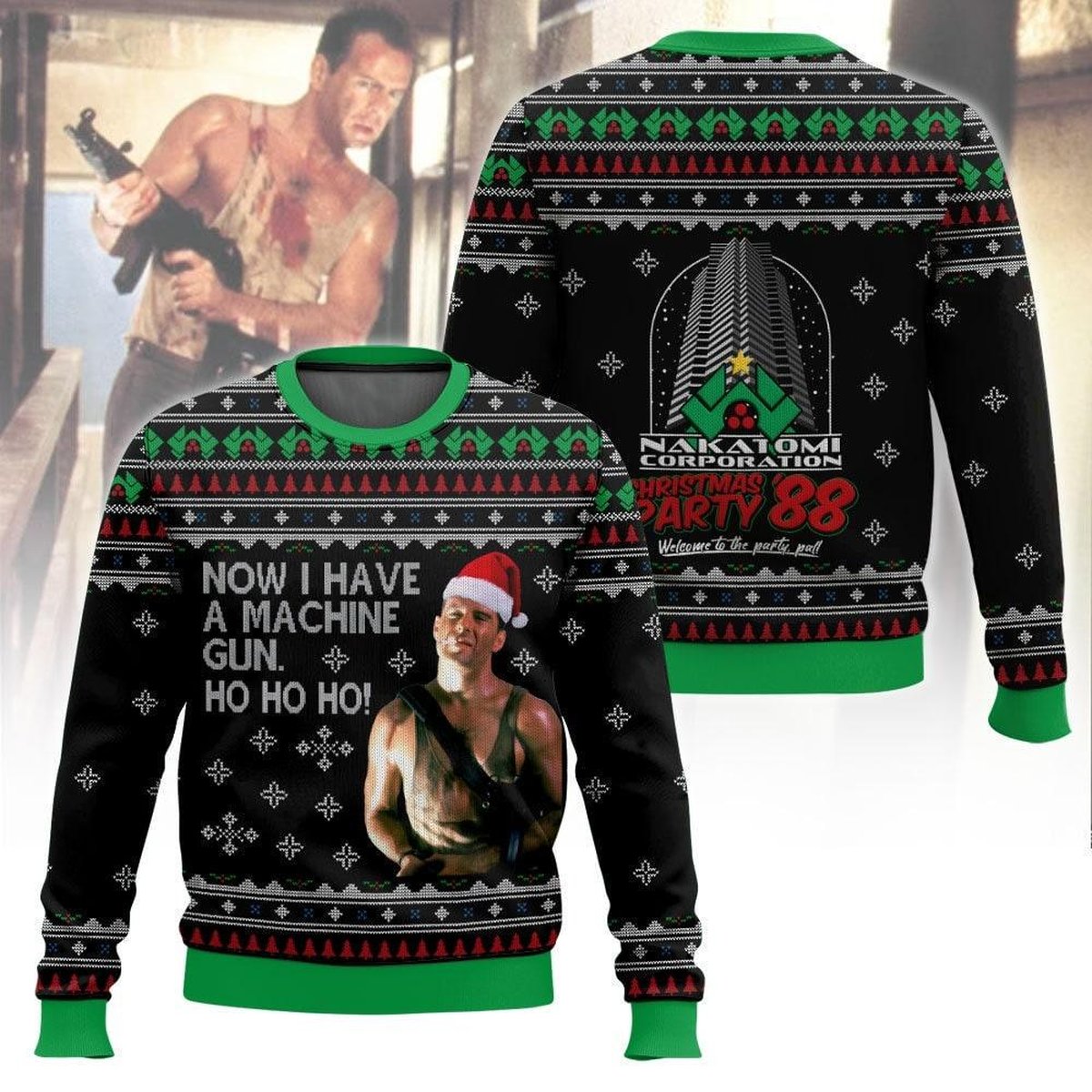 Die Hard Machine Gun Christmas Black Ugly Sweater Bruce Willis Movie Holiday Knit Jumper