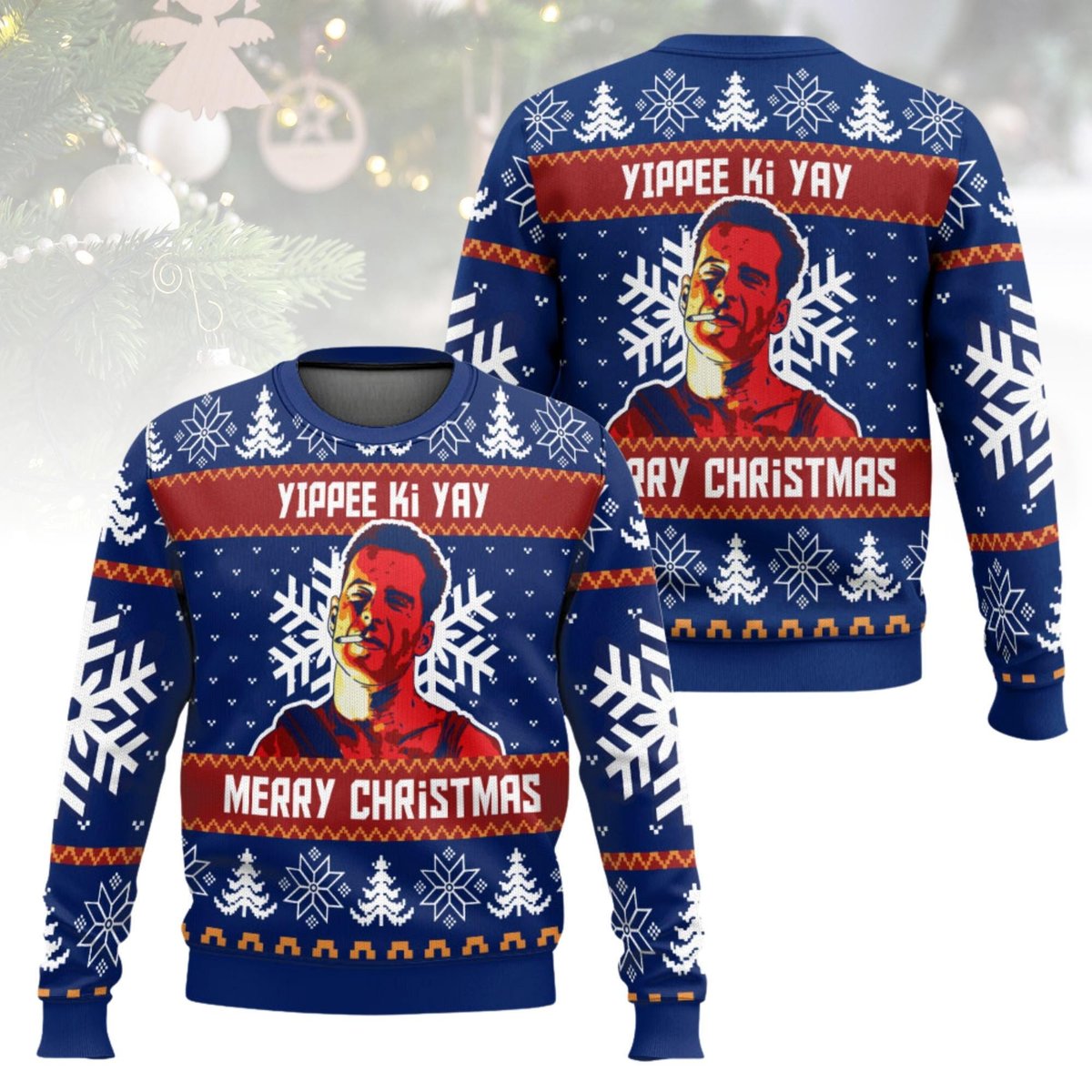 Yippee Ki Yay Blue Christmas Ugly Sweater Die Hard Bruce Willis Holiday Knit Jumper
