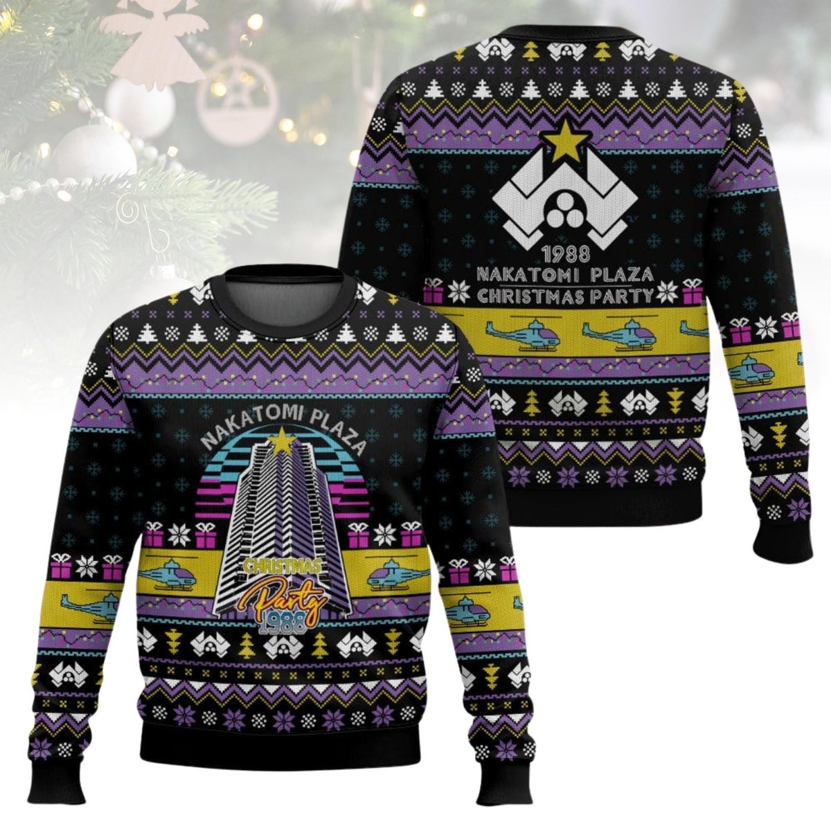 Nakatomi Plaza 1988 Purple Christmas Ugly Sweater Die Hard Movie Holiday Knit Jumper