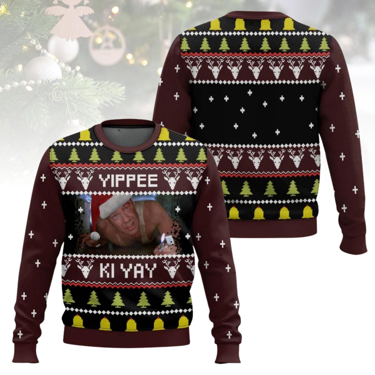 Yippee Ki Yay Brown Christmas Ugly Sweater Die Hard Funny Bruce Willis Knit Jumper
