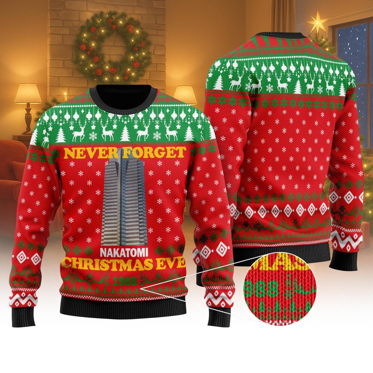 Die Hard Never Forget Nakatomi Plaza Christmas Eve Ugly Sweater Red Holiday Jumper