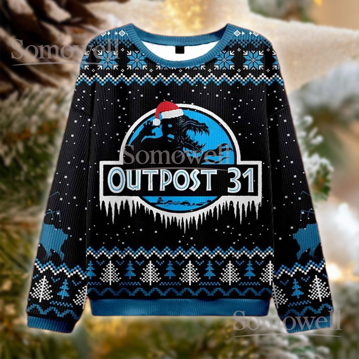Dinosaur Outpost 31 Blue Christmas Ugly Sweater Holiday Knit Jumper Sci Fi Monster Design