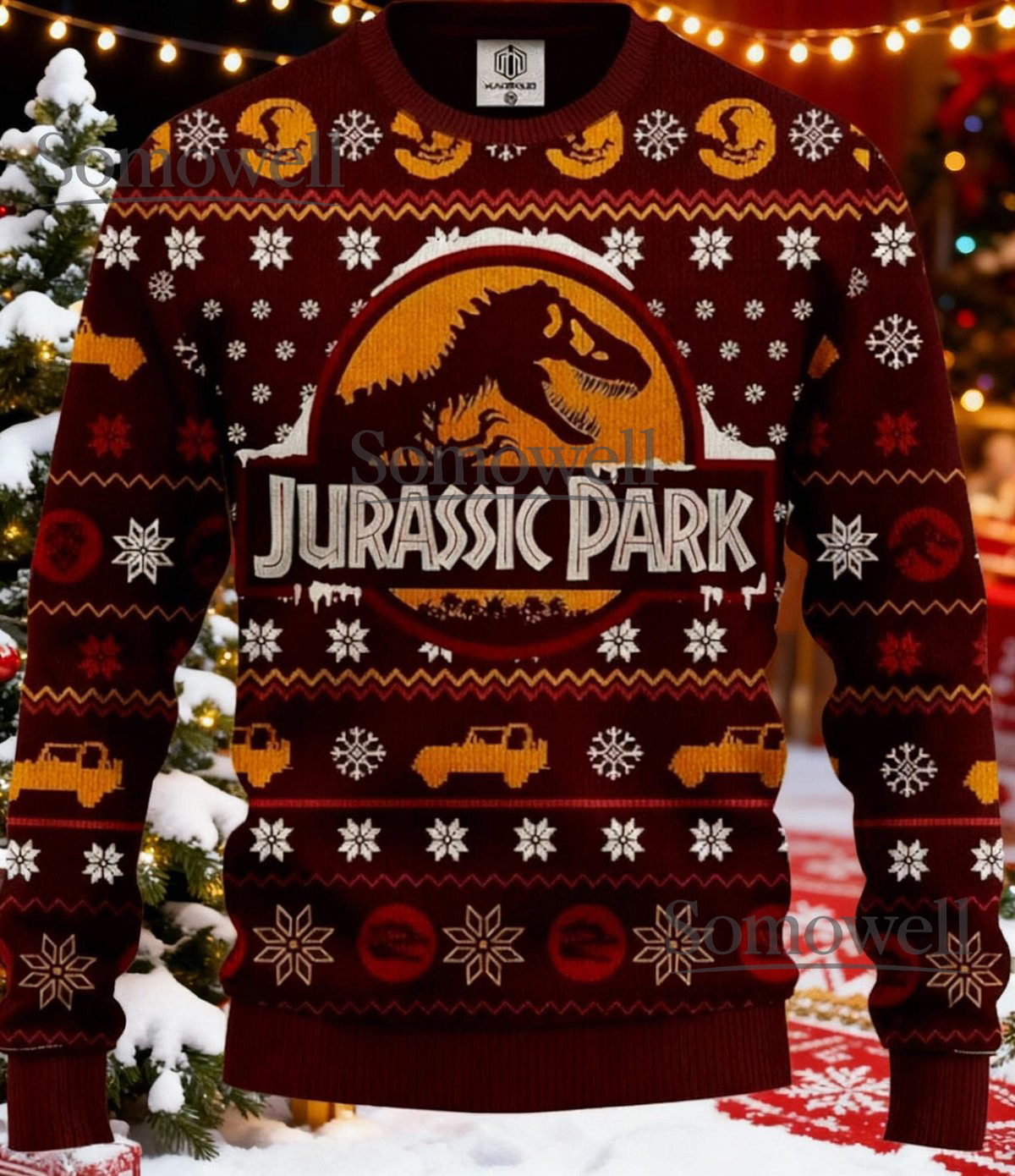 Jurassic Park Maroon Ugly Christmas Sweater Dinosaur Retro Movie Knit Jumper