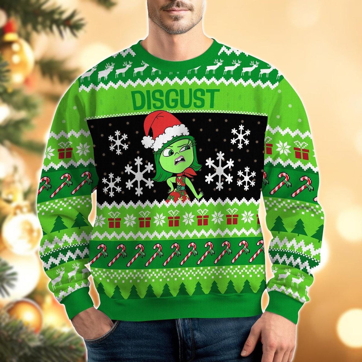 Disgust Inside Out Ugly Christmas Sweater, Funny Green Holiday Knit Jumper
