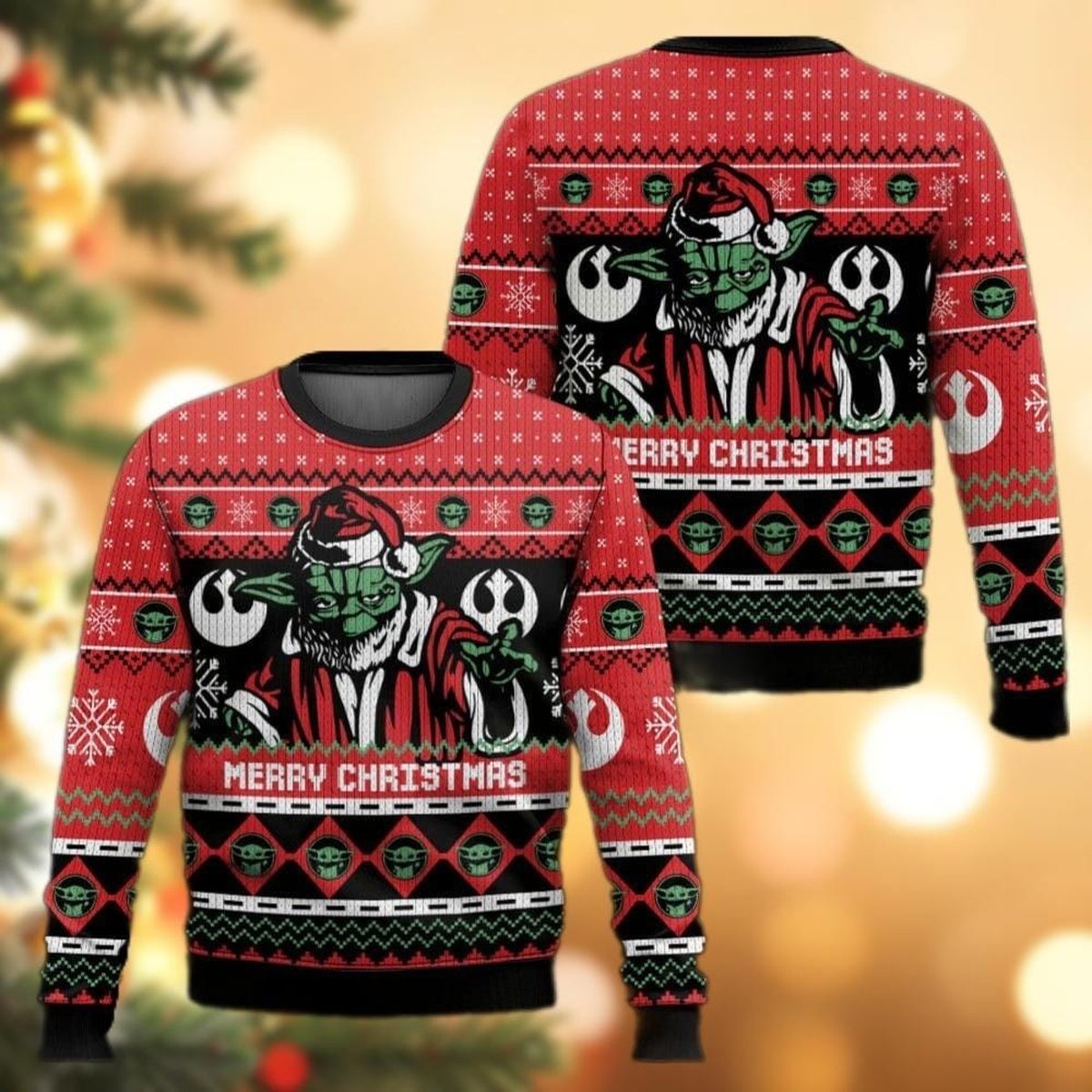 Santa Yoda Merry Christmas Ugly Sweater, Red Green Galactic Holiday Knit Jumper