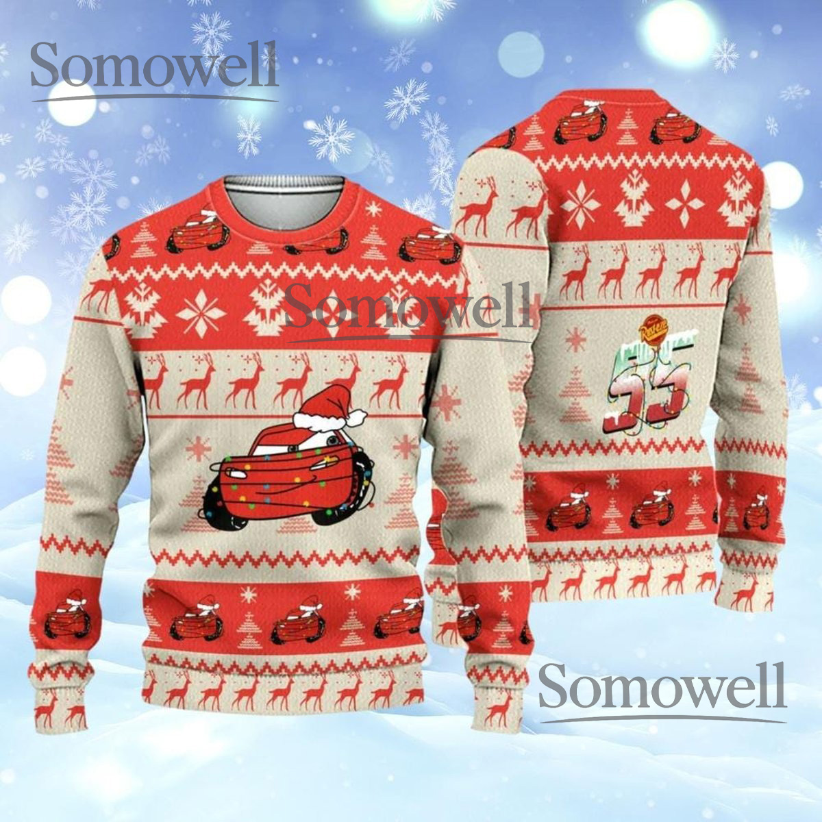 Cars Lightning McQueen Red Ugly Christmas Sweater Cartoon Racer Holiday Knit Jumper