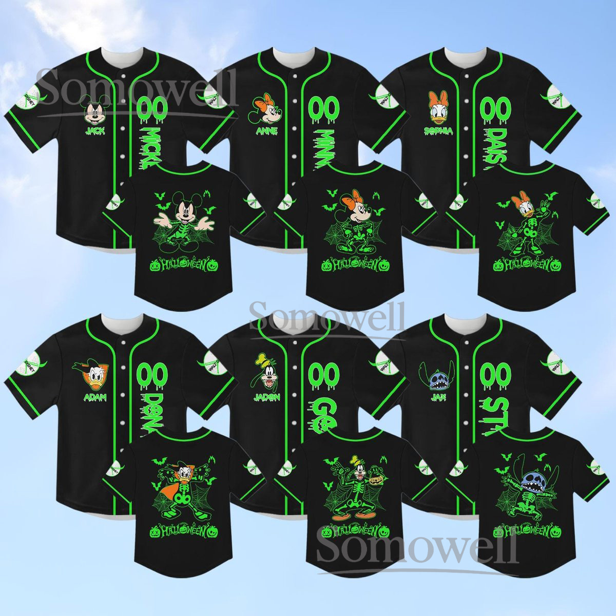 Disney Characters Halloween Skeleton Baseball Jersey Shirt Spooky Cartoon Family Matching Gift