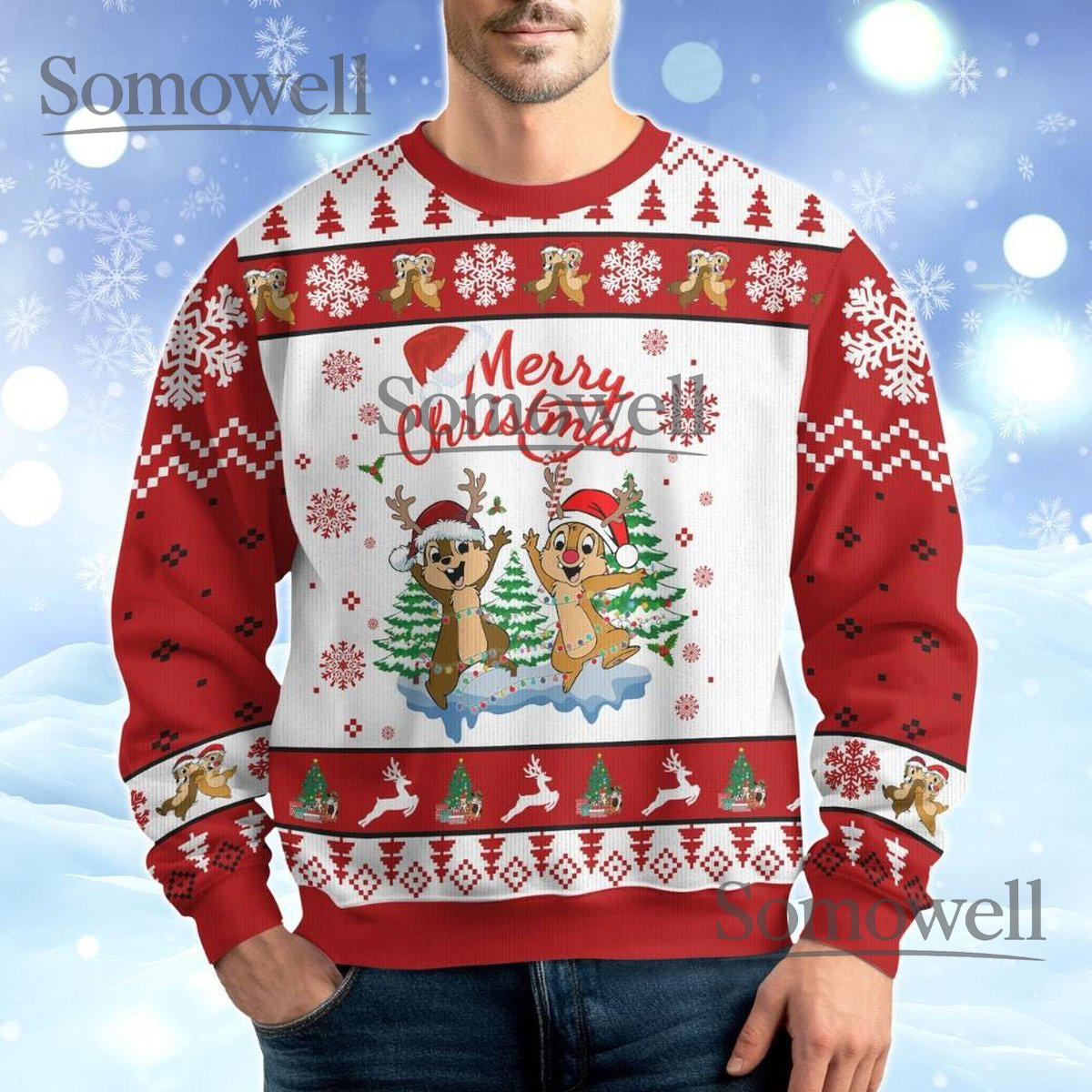 Chip and Dale Red Ugly Christmas Sweater Cute Disney Cartoon Holiday Knit Jumper