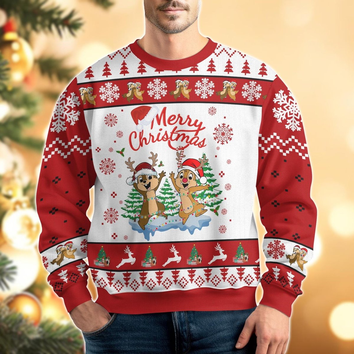 Chip and Dale Merry Christmas Ugly Sweater, Red White Festive Holiday Knit Jumper