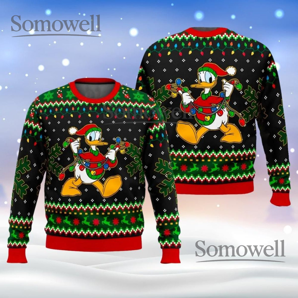 Donald Duck Black Christmas Ugly Sweater Funny Cartoon Holiday Knit Jumper