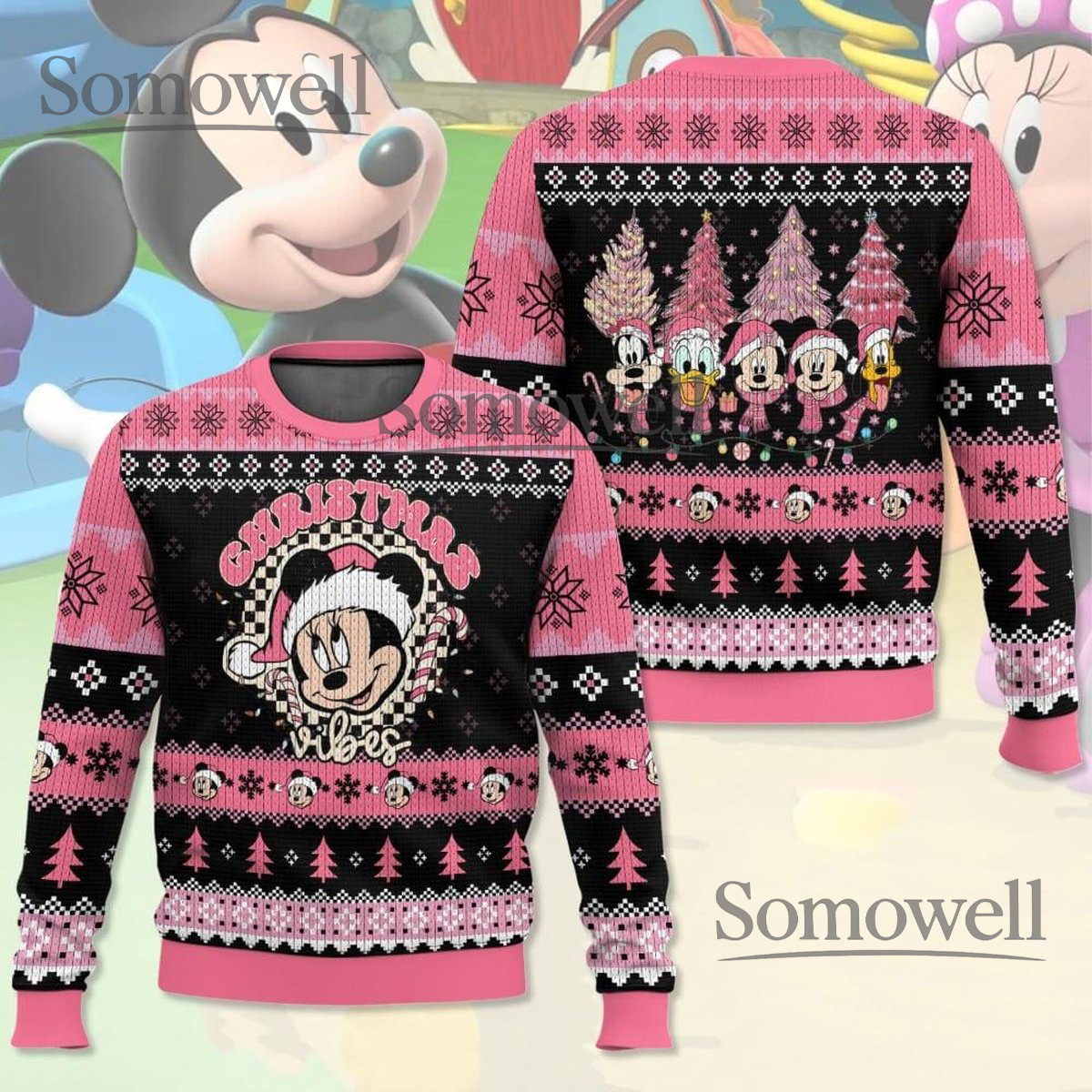 Disney Mickey and Friends Pink Ugly Christmas Sweater Cute Holiday Knit Jumper