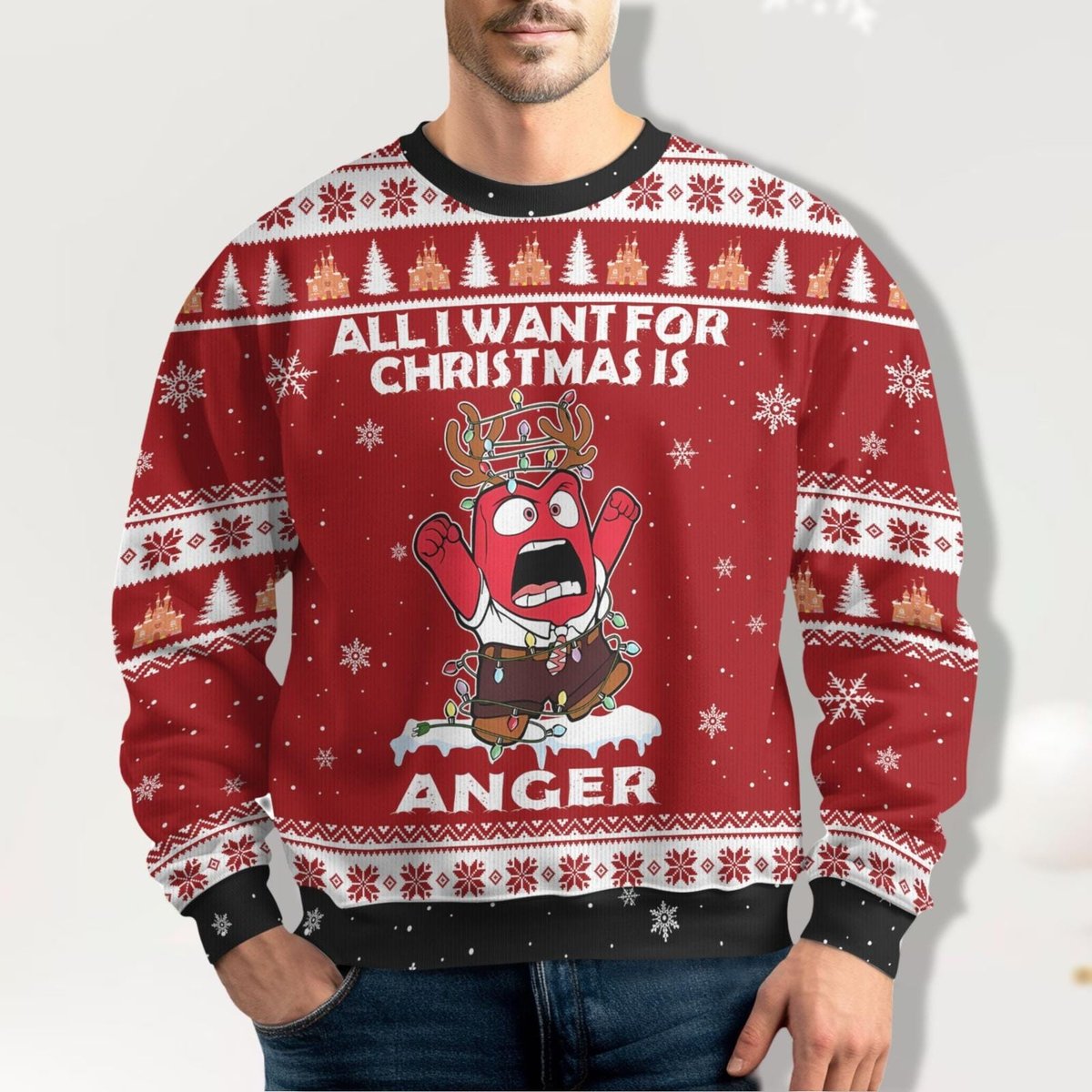 Disney Inside Out 2 Anger Funny Christmas Ugly Sweater Red Holiday Jumper