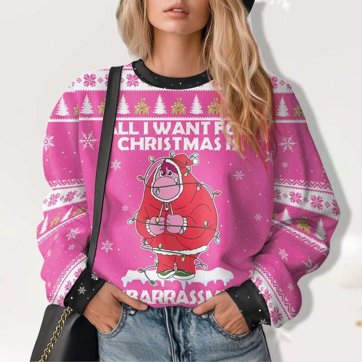 Disney Inside Out 2 Embarrassment Funny Christmas Ugly Sweater Pink Holiday Jumper