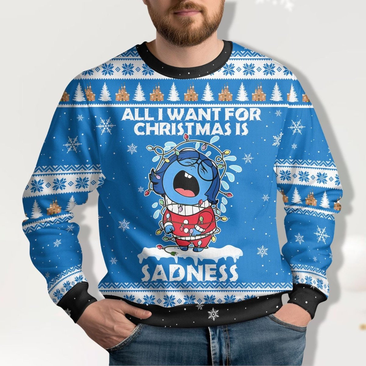 Disney Inside Out 2 Sadness Funny Christmas Ugly Sweater Blue Holiday Jumper