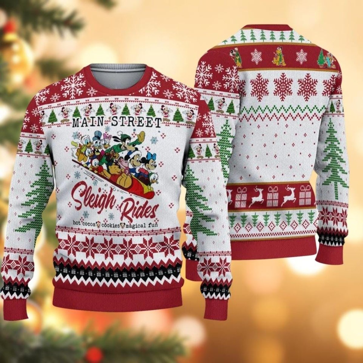 Disney Main Street Sleigh Rides Ugly Christmas Sweater, Mickey and Friends Holiday Knit Jumper