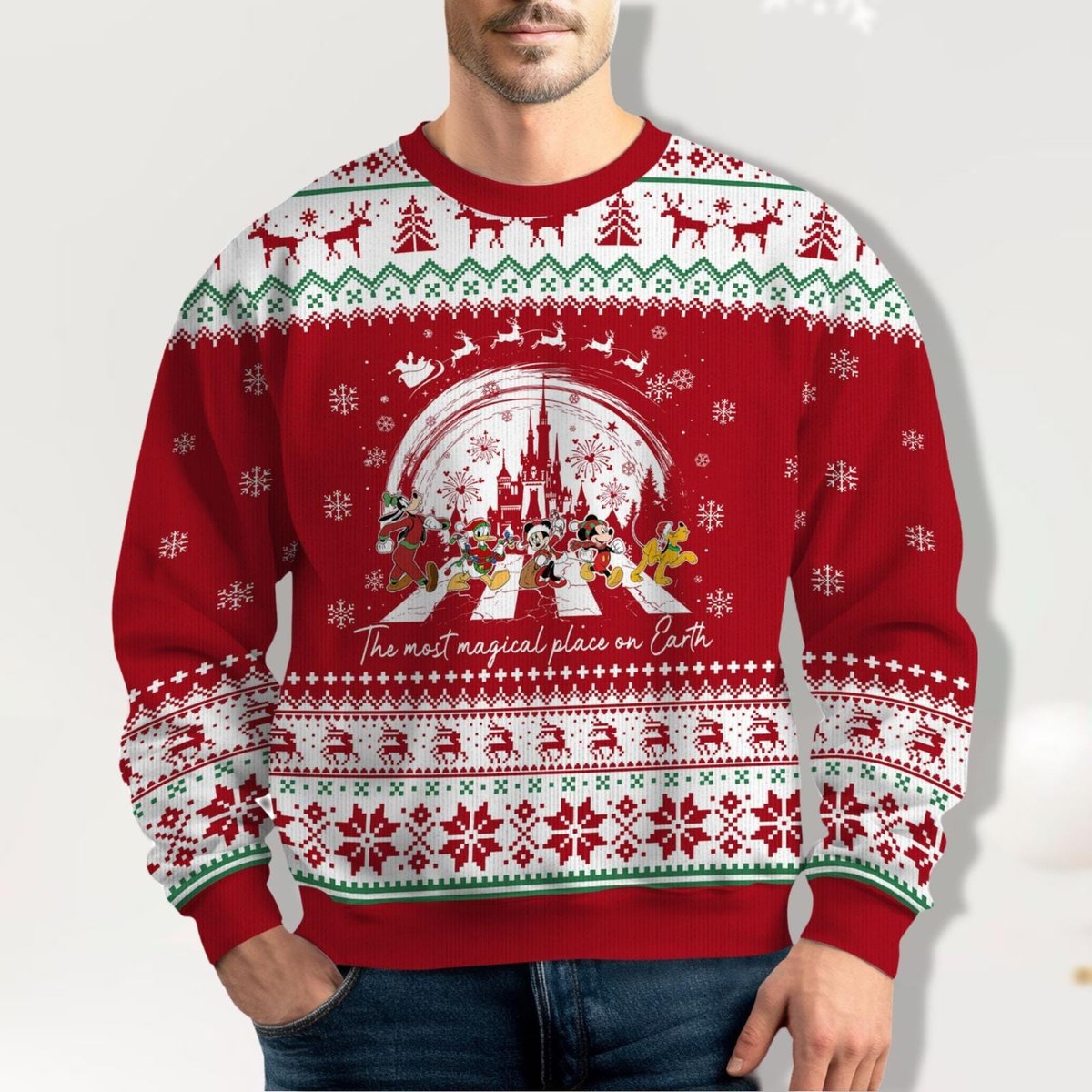 Disney Mickey and Friends Christmas Castle Ugly Sweater Red White Green Jumper