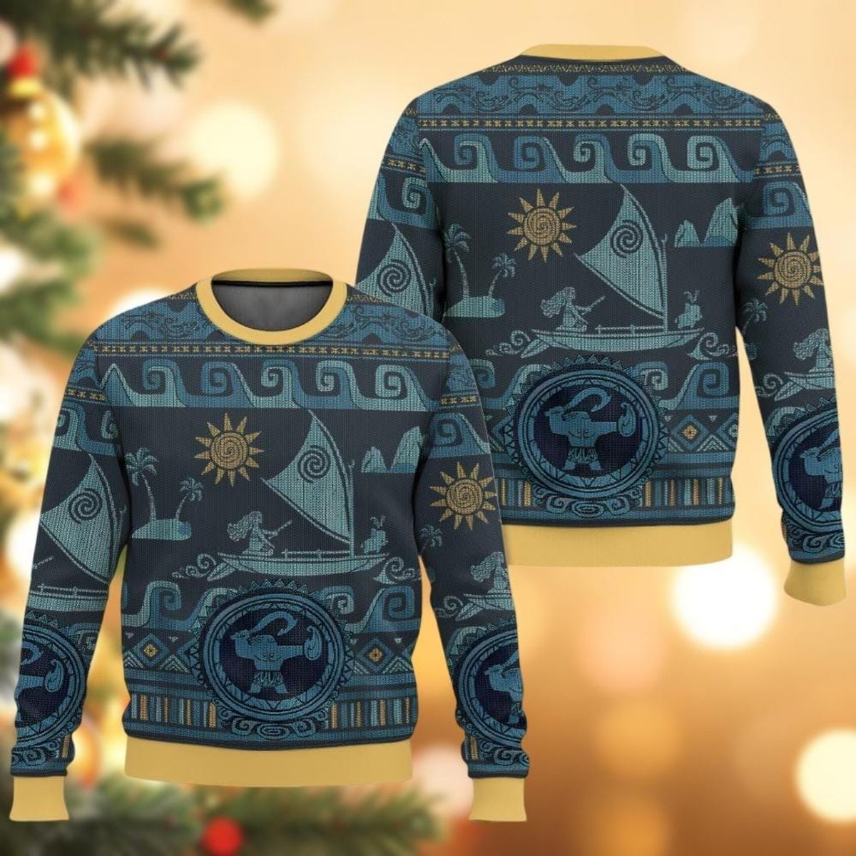 Disney Moana Tribal Pattern Ugly Christmas Sweater, Ocean Voyage Holiday Knit Jumper