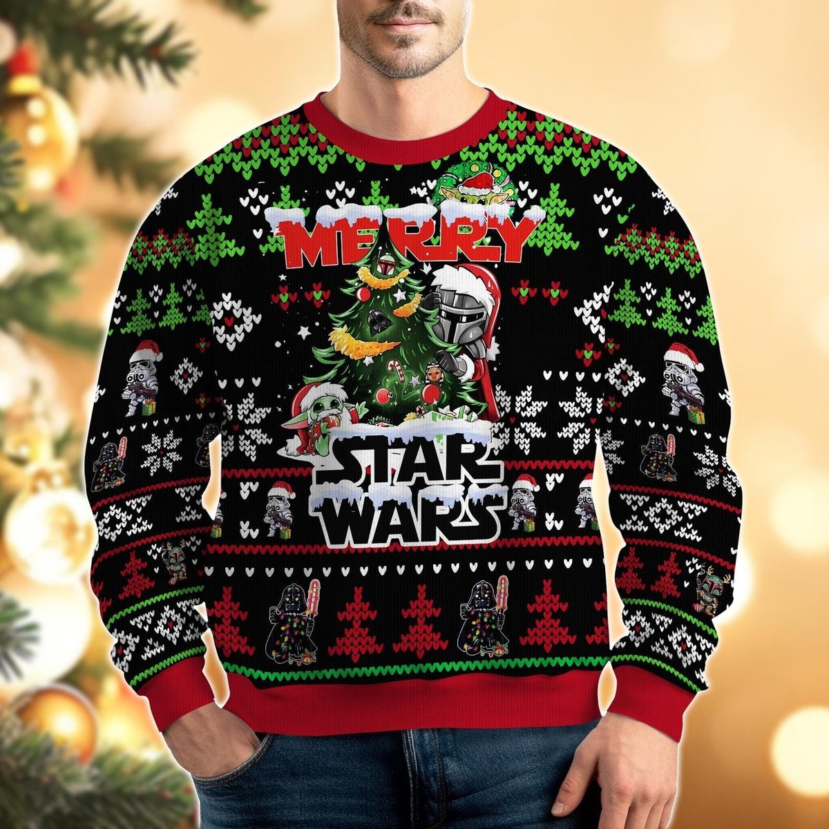 Merry Star Wars Ugly Christmas Sweater, Black Green Red Galactic Holiday Knit Jumper