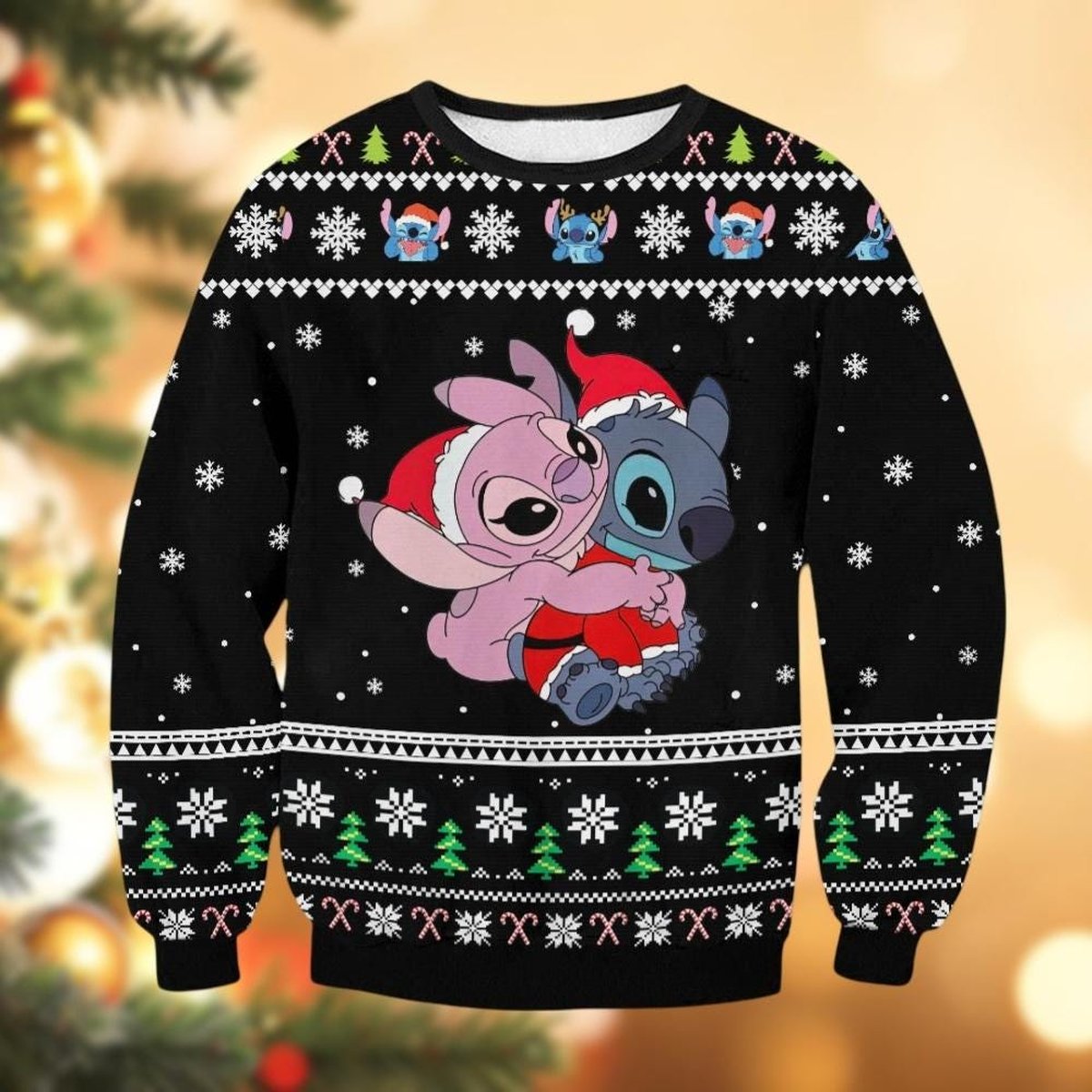 Disney Stitch and Angel Ugly Christmas Sweater, Cute Couple Black Holiday Knit Jumper