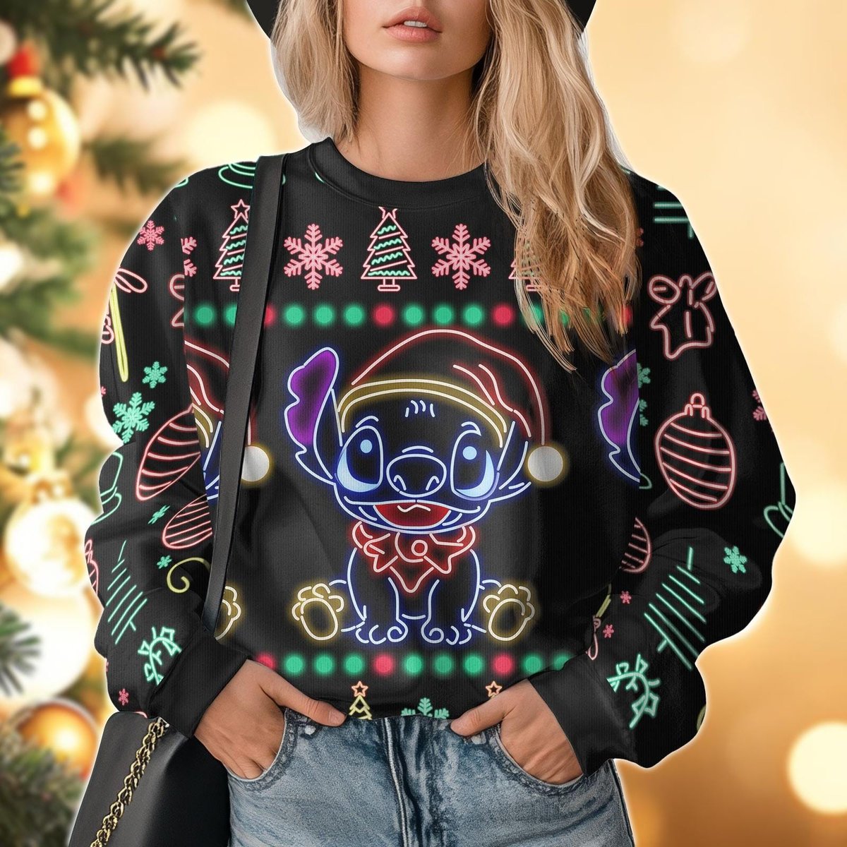 Disney Stitch Neon Lights Christmas Sweater, Colorful Festive Holiday Knit Jumper