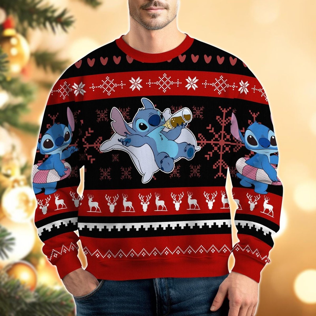 Disney Stitch Drinking Christmas Ugly Sweater, Funny Red Black Holiday Knit Jumper
