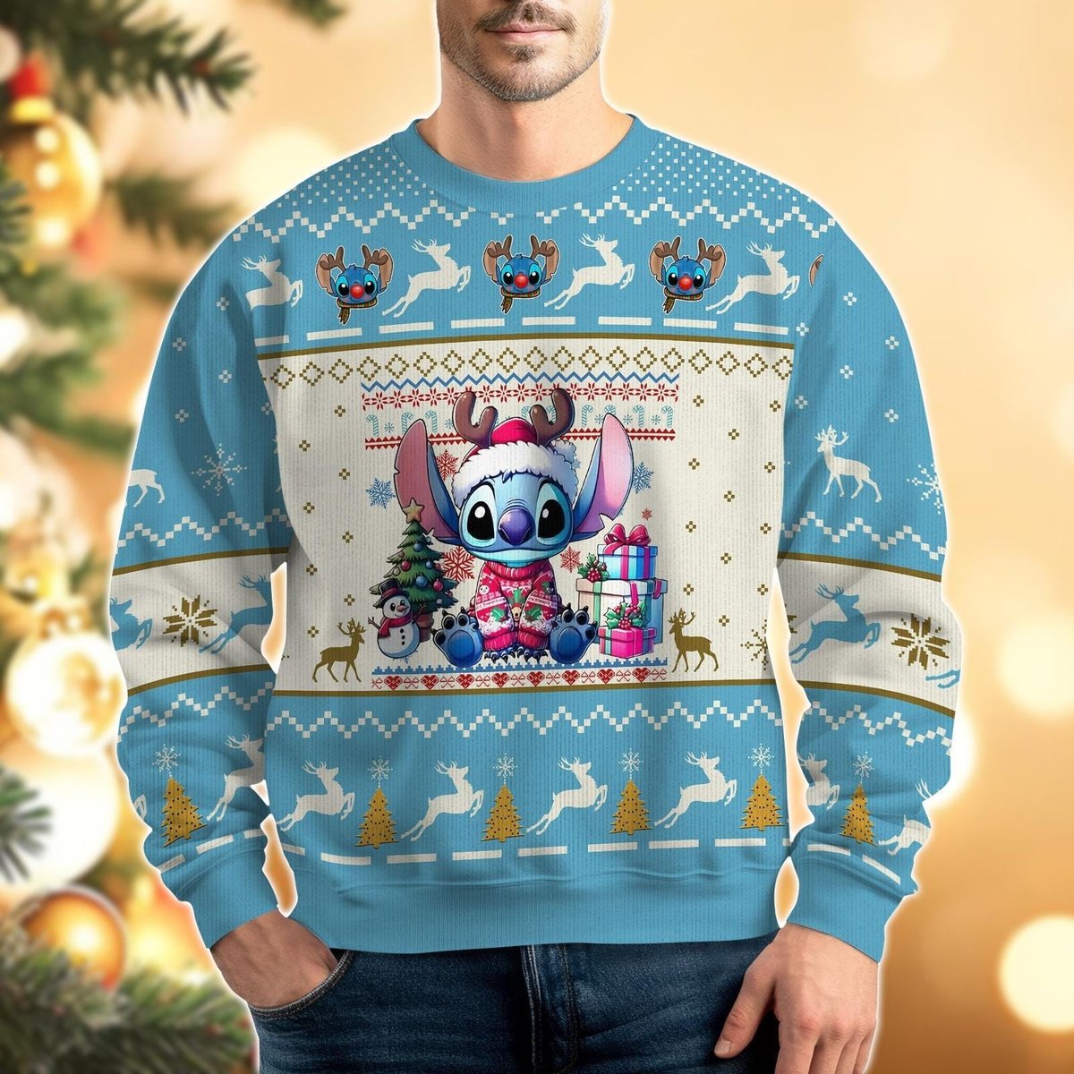 Disney Stitch Blue Reindeer Ugly Christmas Sweater, Cute Winter Holiday Knit Jumper