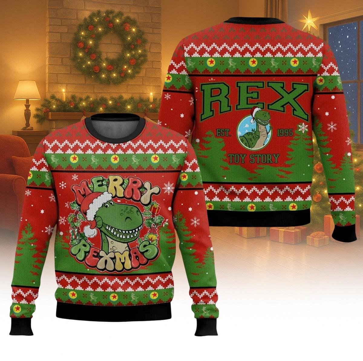 Toy Story Rex Merry Rexmas Ugly Christmas Sweater Funny Dinosaur Holiday Knit Jumper