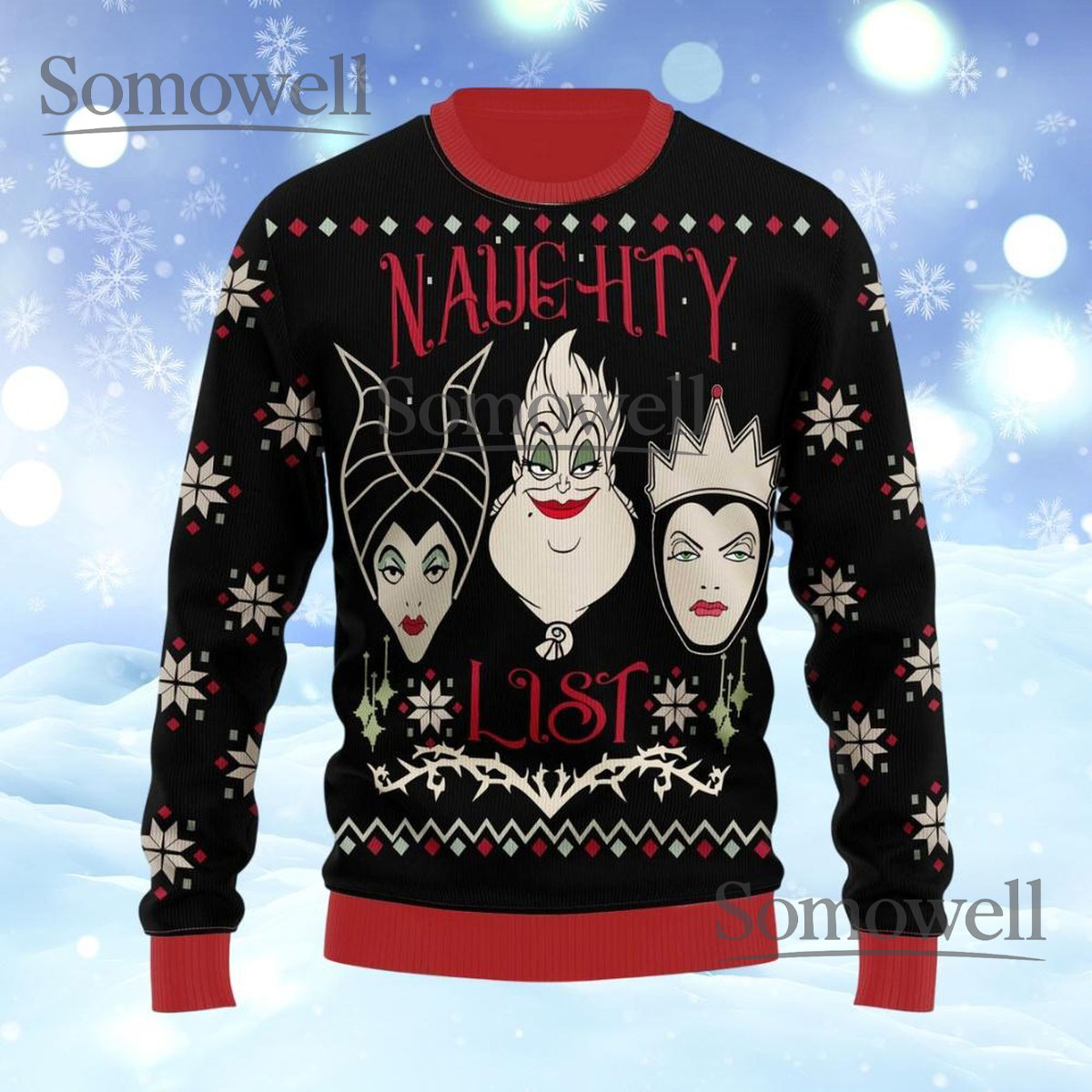 Disney Villains Black Christmas Ugly Sweater Naughty List Holiday Knit Jumper
