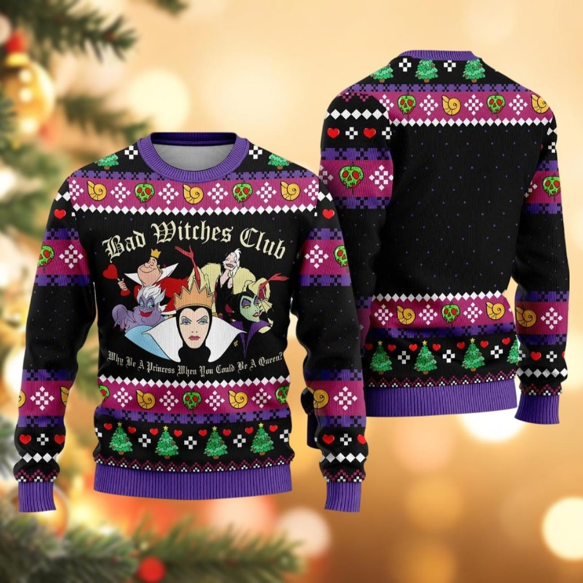Disney Villains Bad Witches Club Ugly Christmas Sweater, Purple Black Holiday Knit Jumper