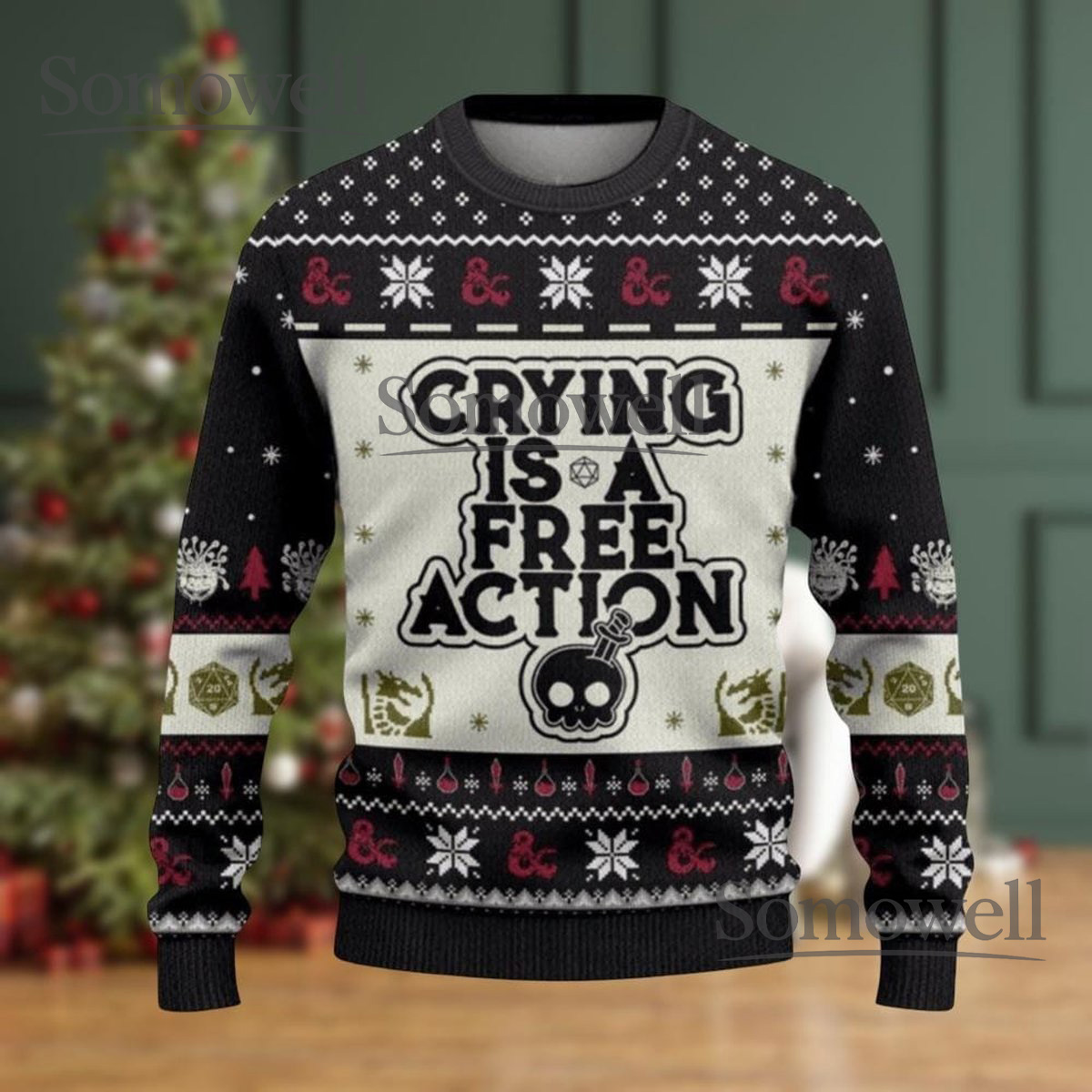 Crying Is A Free Action DnD Black Ugly Christmas Sweater Funny Gamer Holiday Knit Gift