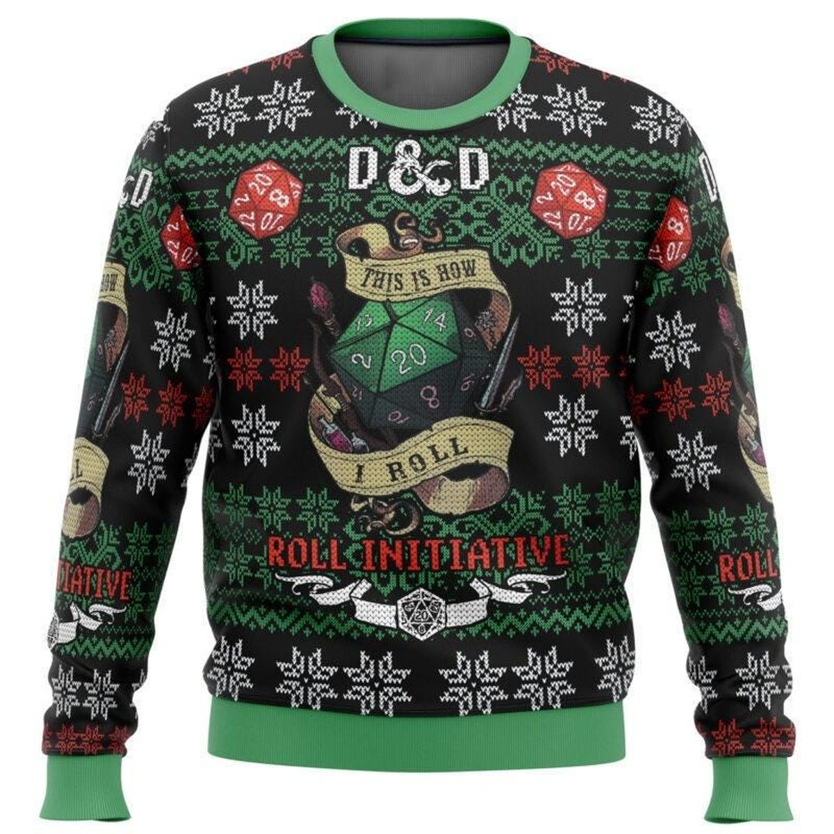 DnD Roll Initiative Dice Black Ugly Christmas Sweater Holiday Knit Gift