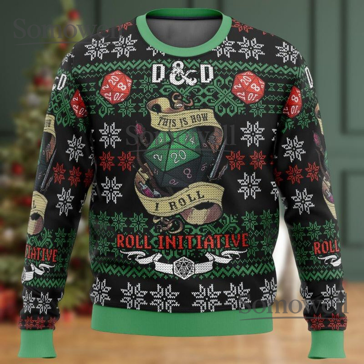 DnD Roll Initiative Dice Green Red Ugly Christmas Sweater Gamer Holiday Knit Gift