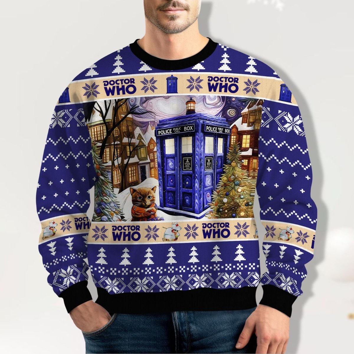 Doctor Who Police Box Christmas Ugly Sweater Blue Pattern Holiday Jumper