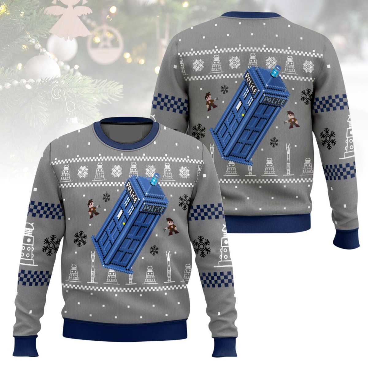 Doctor Who TARDIS Grey Christmas Ugly Sweater Funny Sci-Fi Holiday Knit Jumper