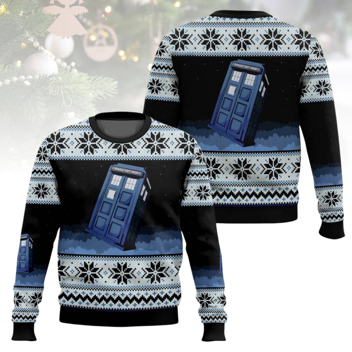 Doctor Who Blue TARDIS Christmas Ugly Sweater Space Time Holiday Knit Jumper