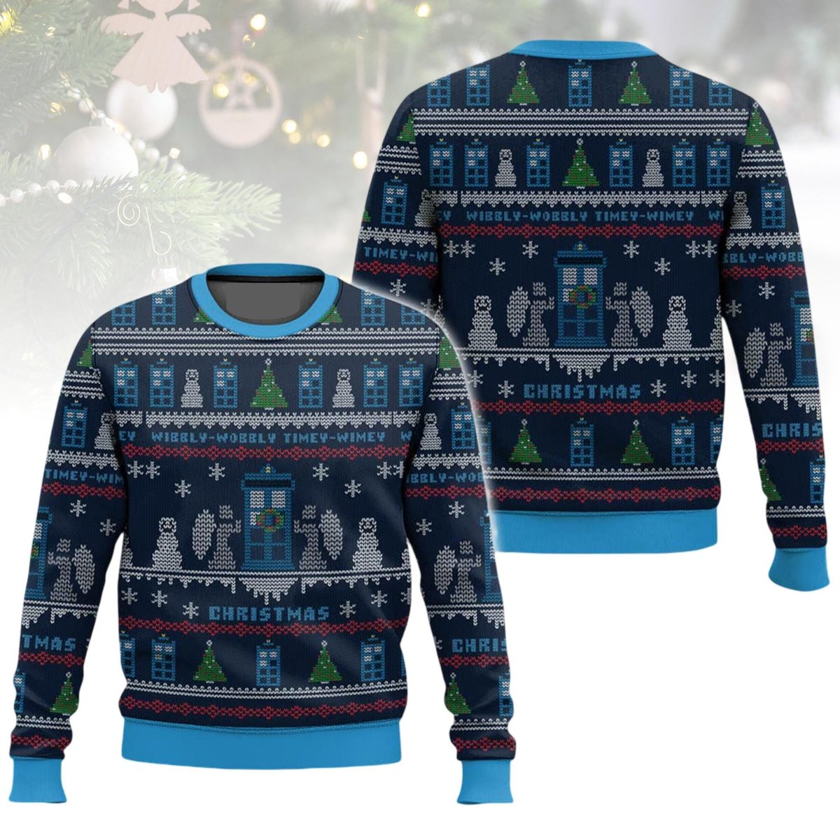 Doctor Who Wibbly Wobbly Timey Wimey Blue Christmas Ugly Sweater Funny Sci-Fi Knit Jumper