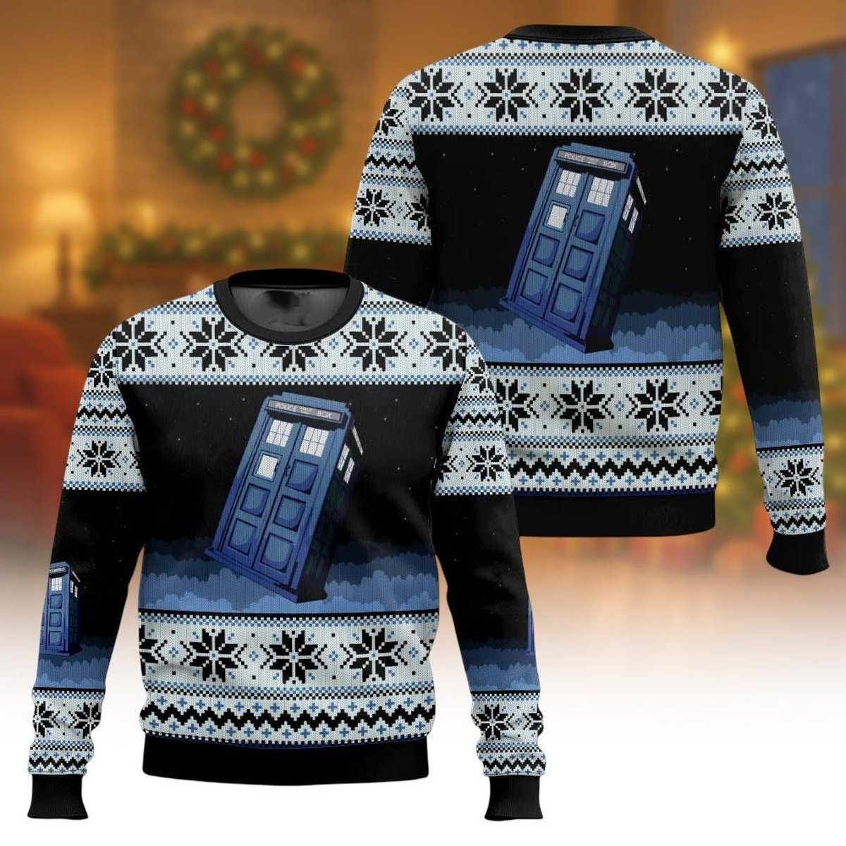 Doctor Who Tardis In Space Ugly Christmas Sweater Blue Snowflake Holiday Knit Jumper