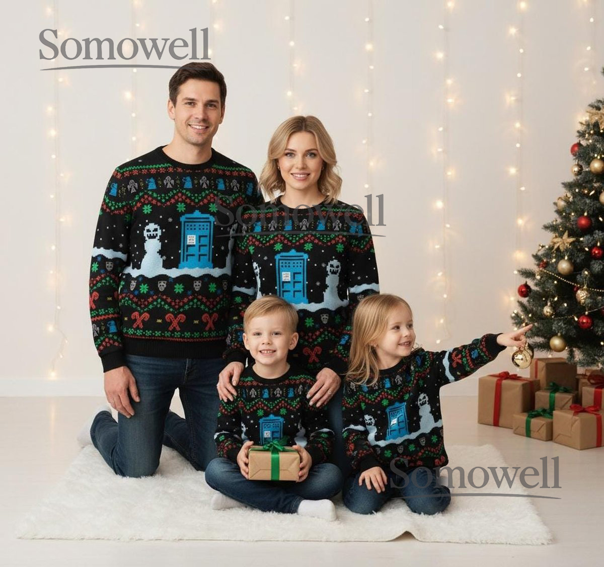 Doctor Who Blue TARDIS Christmas Sweater Funny Sci-Fi Holiday Knit