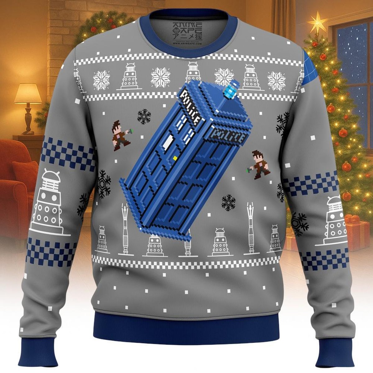 Doctor Who Pixel Tardis Ugly Christmas Sweater 8 Bit Style Grey Blue Holiday Jumper