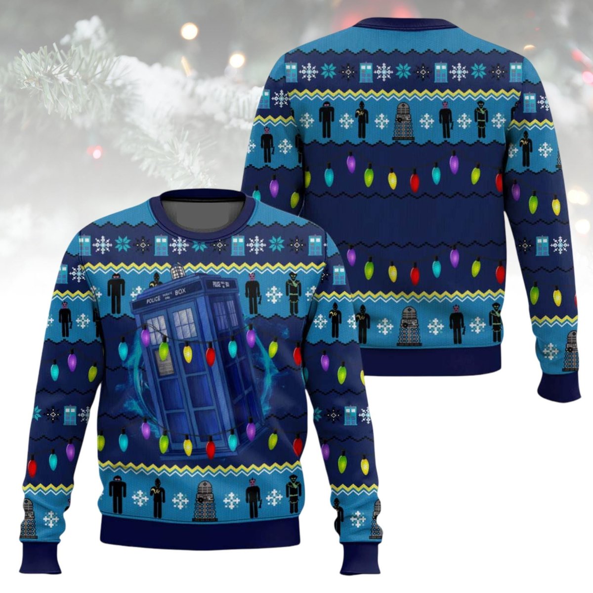 Doctor Who TARDIS Lights Blue Ugly Christmas Sweater Holiday Knit Gift