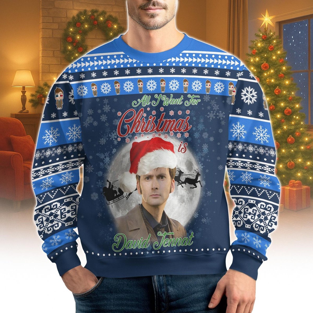Doctor Who David Tennant All I Want For Christmas Ugly Sweater Blue Holiday Jumper