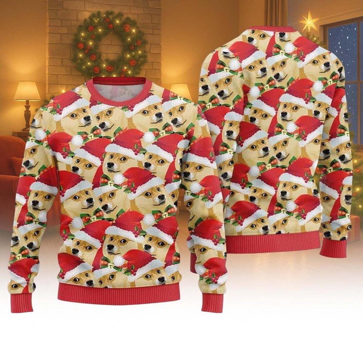 Dog Face Santa Hat Ugly Christmas Sweater Funny Pet Lover Red Holiday Knit Jumper