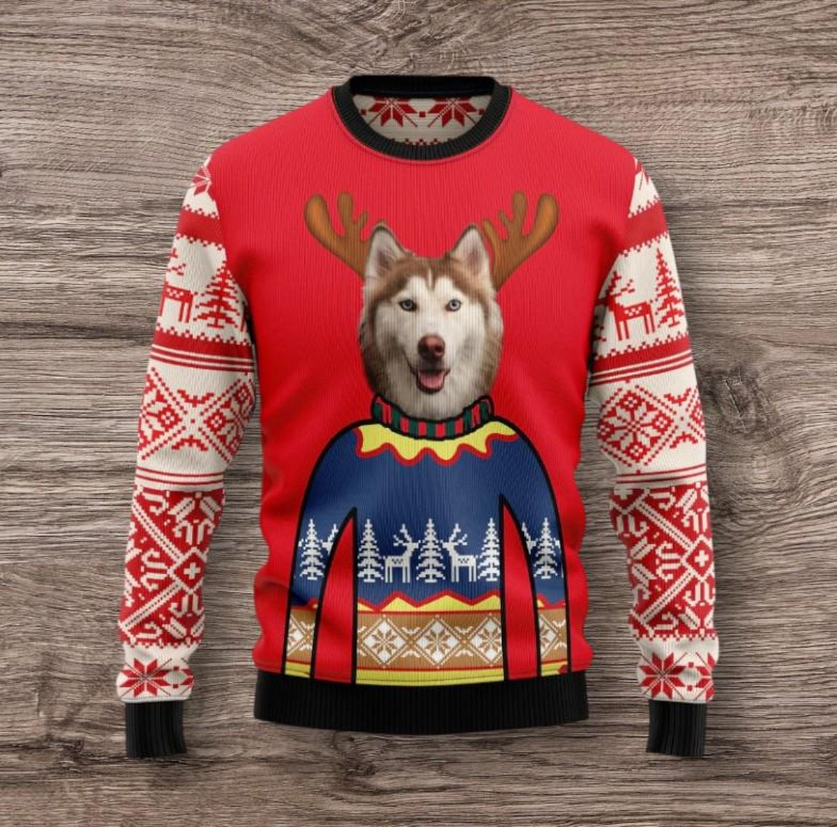 Dog Face Red Ugly Christmas Sweater Funny Husky Holiday Knit Jumper