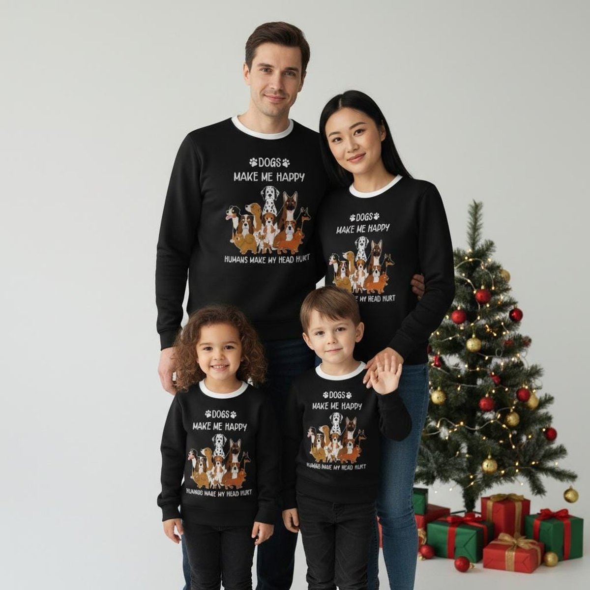Dogs Make Me Happy Funny Quote Ugly Christmas Sweater Black Holiday Jumper