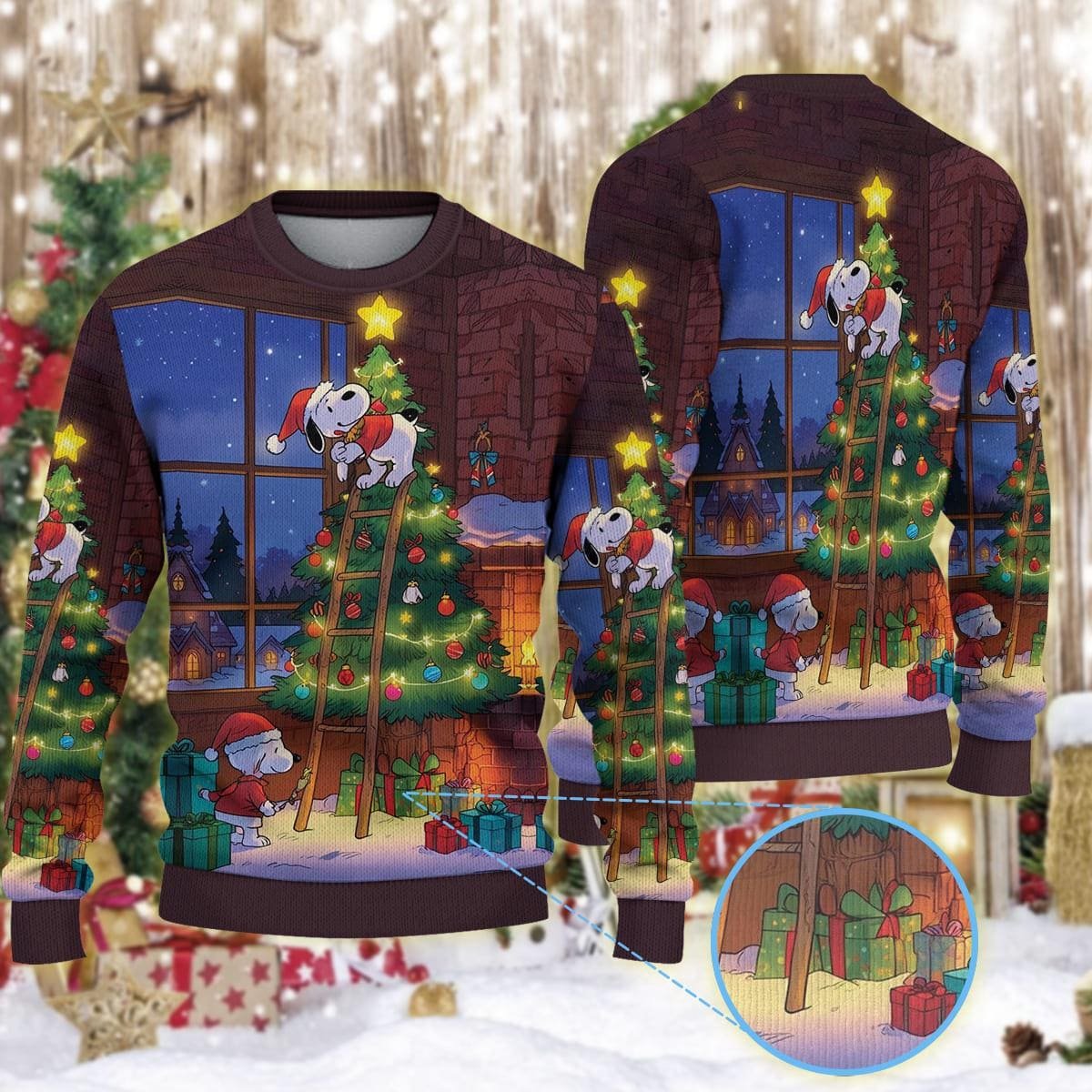 Dog On Ladder Christmas Tree Brown Ugly Sweater Cute Puppy Holiday Knit Jumper