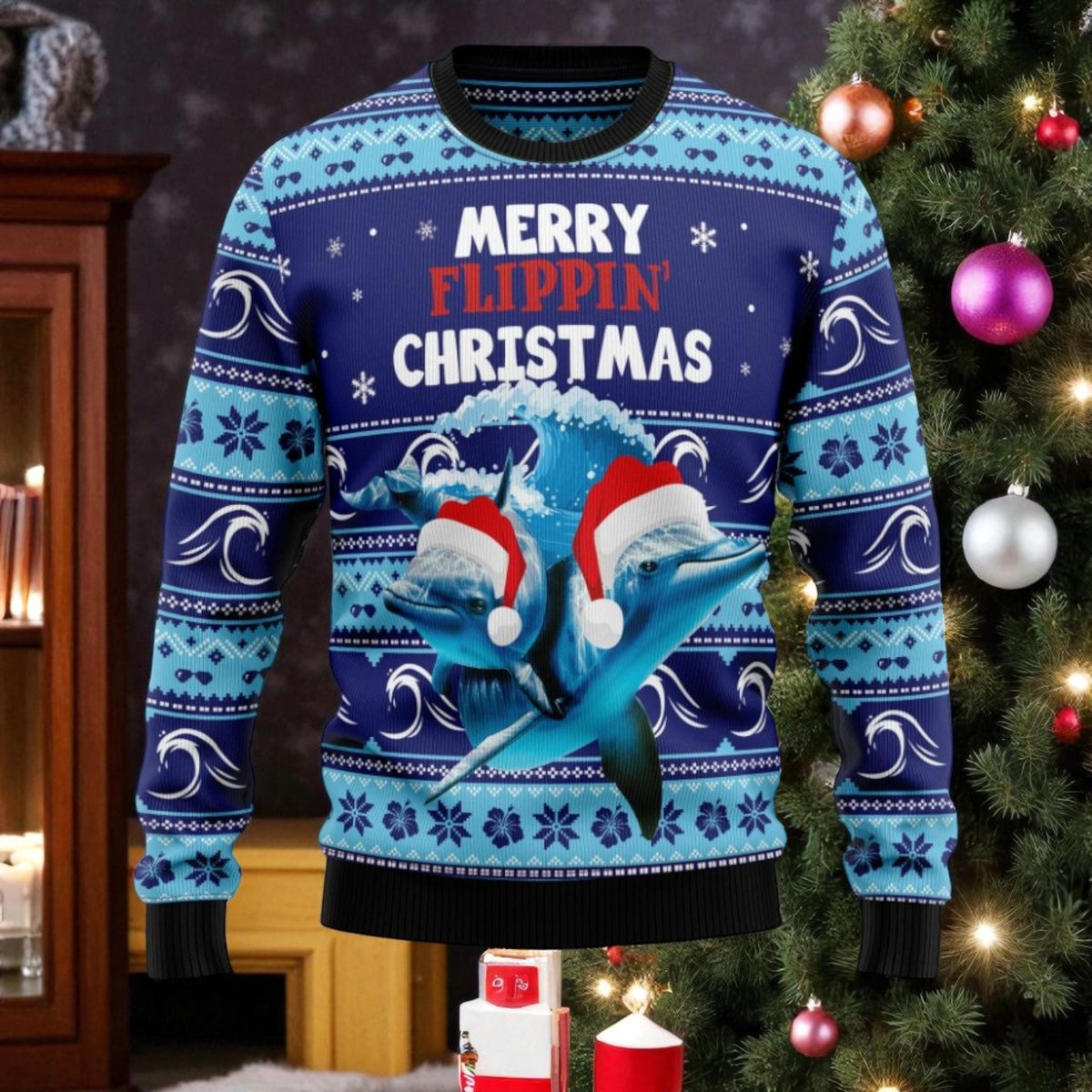 Dolphin Flippin Christmas Blue Ugly Sweater Funny Ocean Animal Holiday Knit Jumper