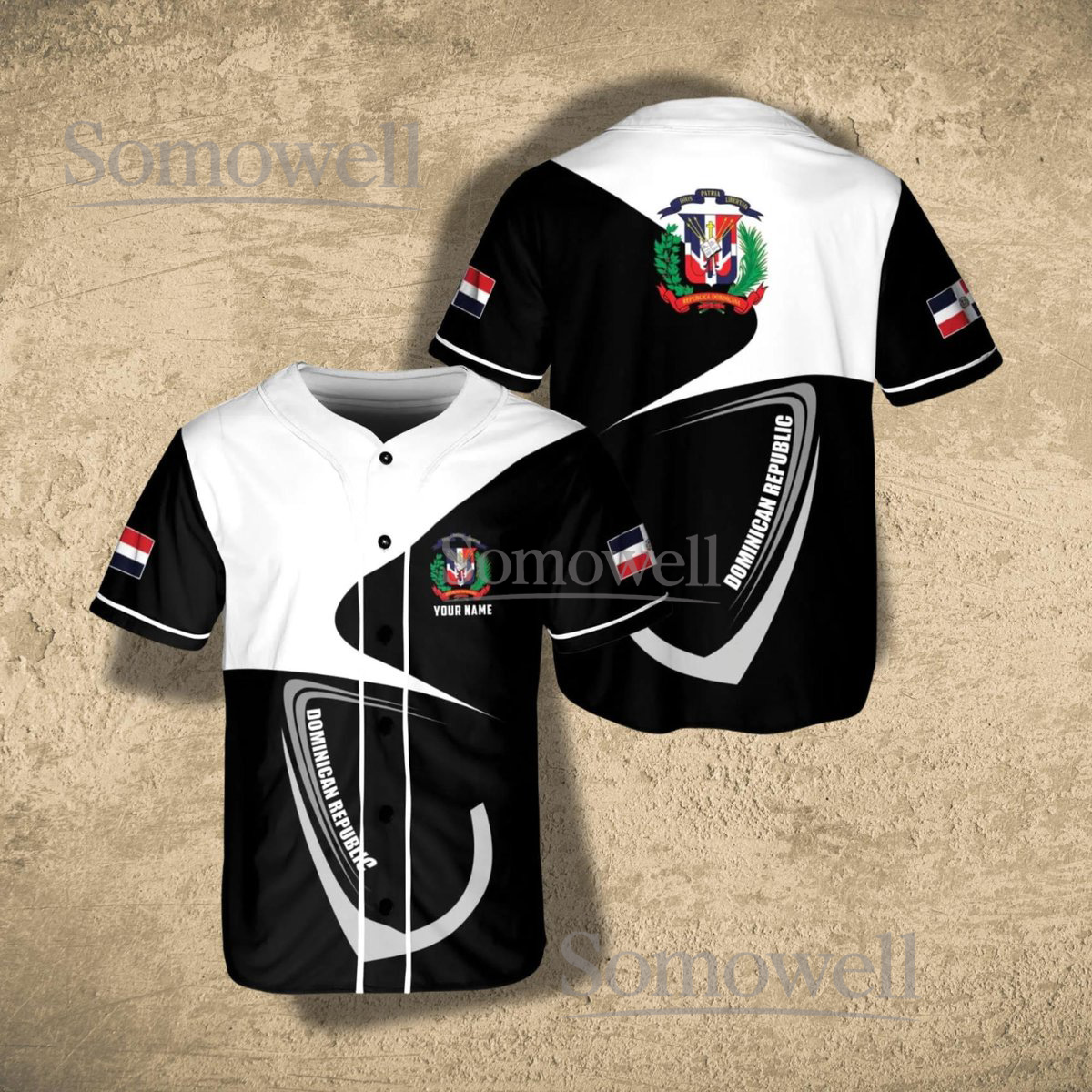 Dominican Republic Baseball Jersey Black White Design Personalized Name Gift