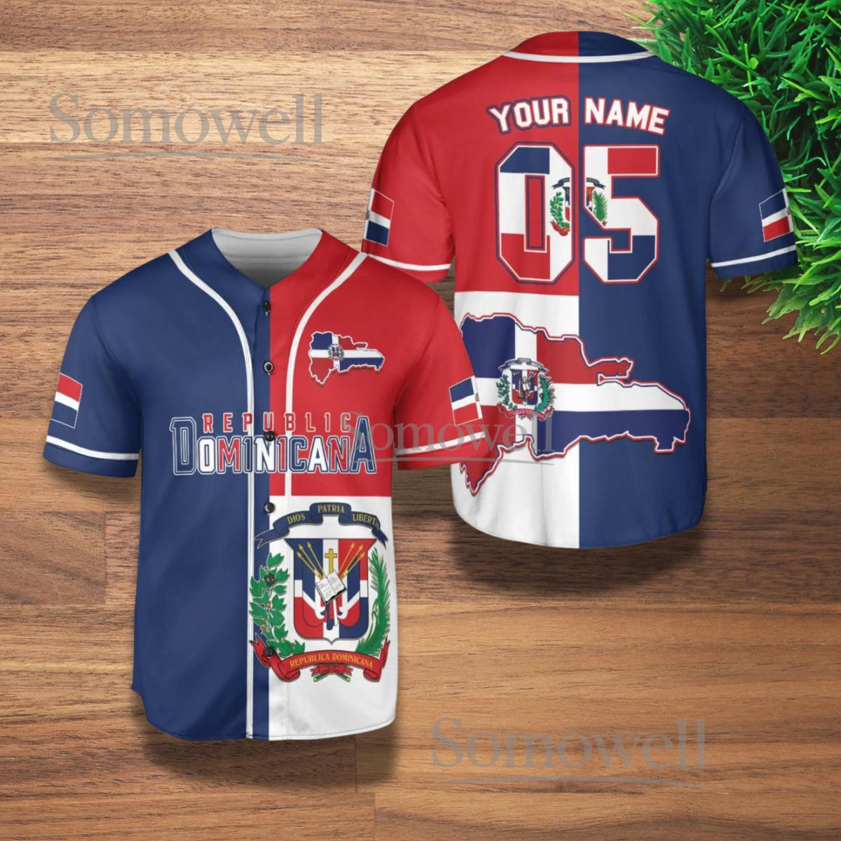 Dominican Republic Baseball Jersey Shirt Red Blue Split Flag Map Custom Name Gift