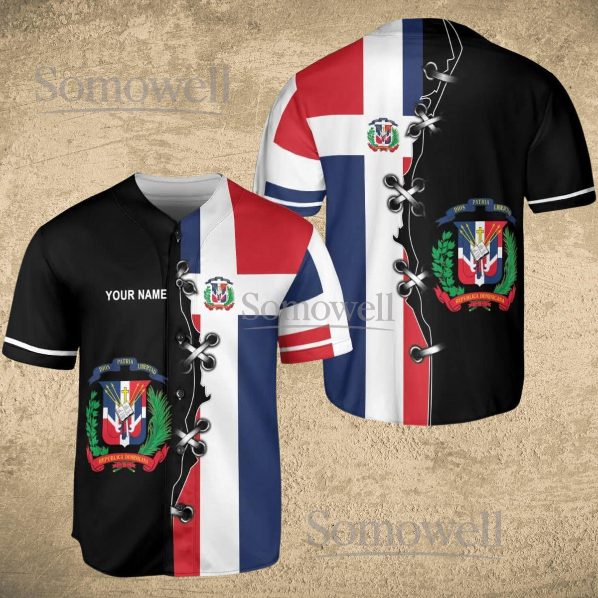 Dominican Republic Flag Baseball Jersey Shirt Red Blue White Split Design Custom Name Gift