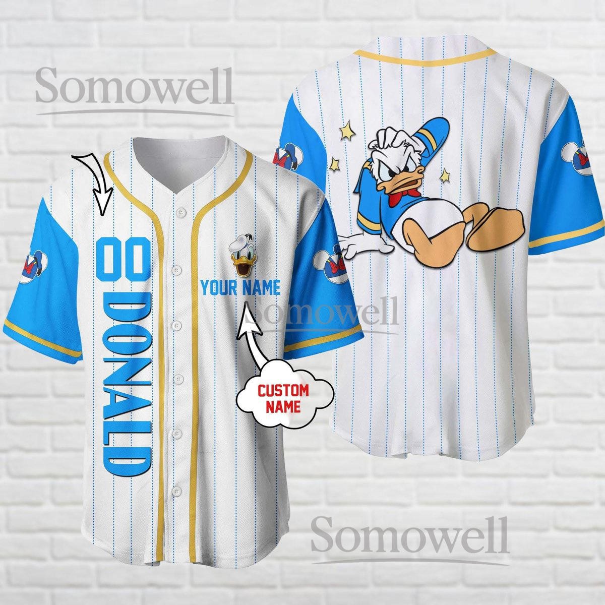 Donald Duck Baseball Jersey Shirt Funny Cartoon Blue White Striped Custom Name Gift